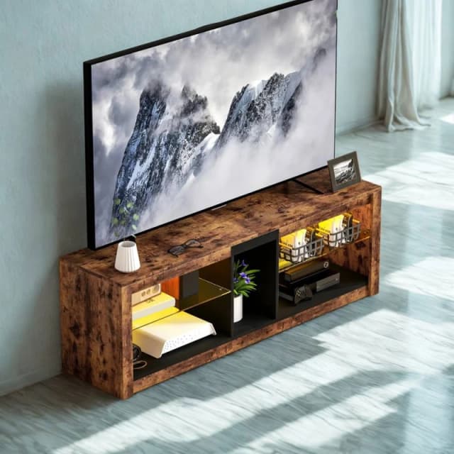 FURNOS Industrial TV Stand Unit With Storage Shelves & LED Lights in Brown Brown Unisex