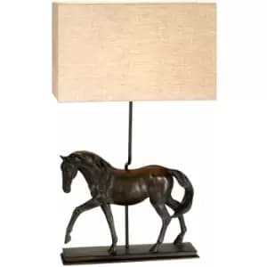 Table Lamp Large Horse Statuette Natural Hessian Shade Bronze Patina LED E27 40w