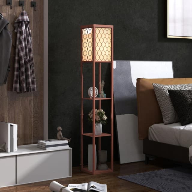 HOMCOM HOMCOM Floor Lamp Standing Light with 3 Open Shelves for Living Room in Brown Brown One Size Unisex 5063603037427