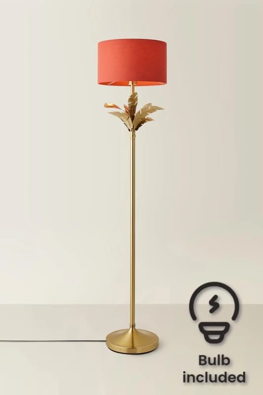 ValueLights ValueLights Christina Fabric Drum Shade Gold Palm Leaf Detail Stem Floor Lamp with LED Bulb in Burnt Orange Burnt Orange One Size Unisex 5