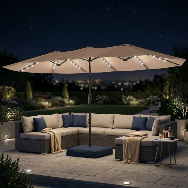 OUTSUNNY 4.5m Double Sided Garden Parasol w/ 60 Solar LED Lights in Khaki Khaki Unisex 4.5m