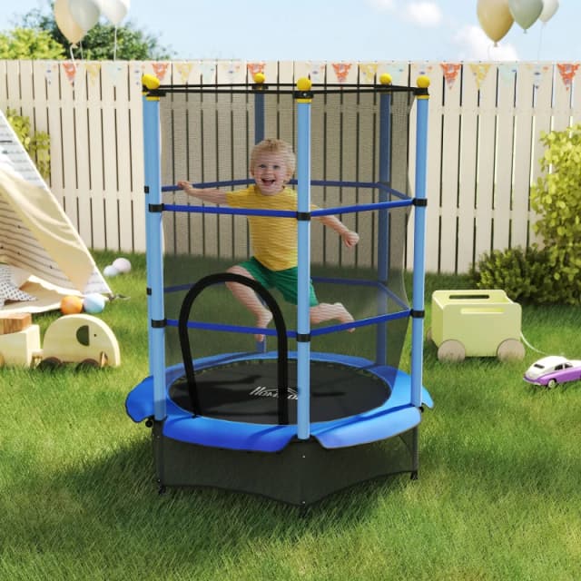 HOMCOM 4.6FT/75" Kids Trampoline with Safety Enclosure, Indoor Outdoor Blue 342-008V02BU