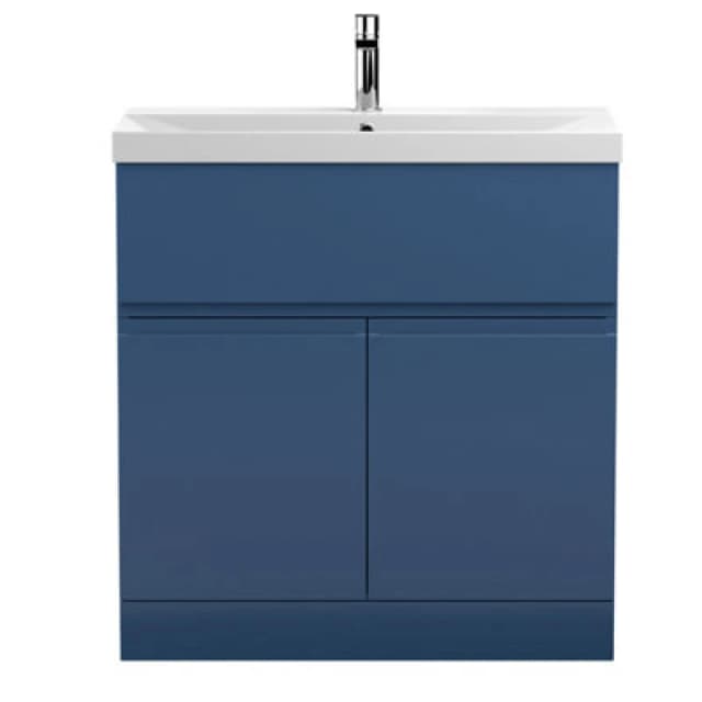 Nuie Hudson Reed Urban Floor Standing 2 Door 1 Drawer Vanity Unit With Thin-Edge Basin, Modern Vanity Unit In Satin Blue, 800mm