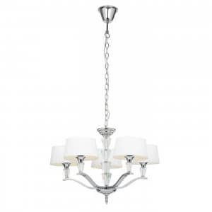5 Light Multi Arm Ceiling Pendant Chrome, White Tc Fabric, E14