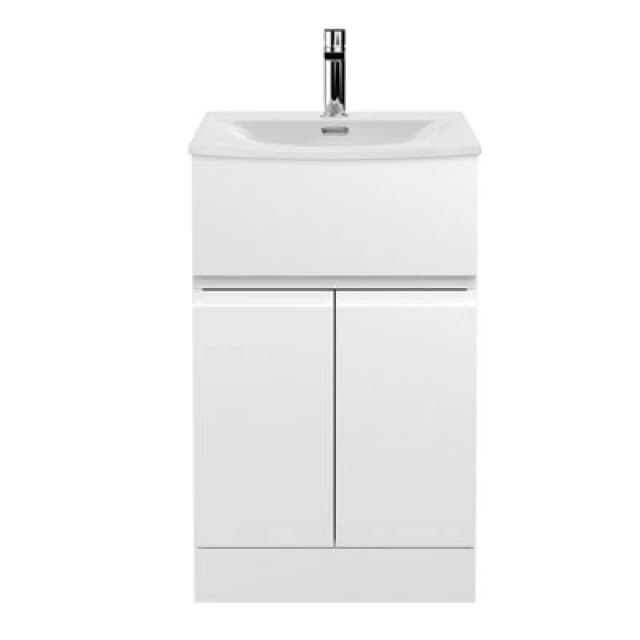 Nuie Hudson Reed Urban Floor Standing 2 Door 1 Drawer Vanity Unit With Curved Basin, Durable Modern Vanity Unit In Satin White, 500mm