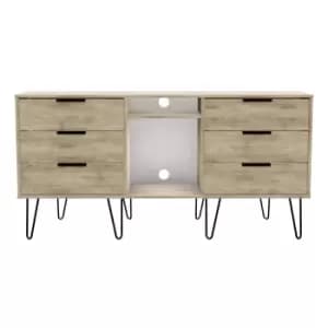 Hirato Ready Assembled 6 Drawer TV Unit Nebraska Oak Black Metal Hairpin Legs