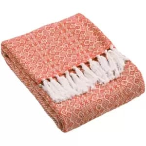 Jewels Knitted Geometric Diamond 100% Cotton Tasselled Throw, Orange, 130 x 180 Cm - Furn