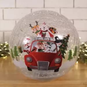 20cm Battery Operated Twinkling Warm White LED Crackle Effect Ball Decoration with Santa and Friends in Car
