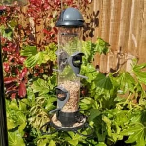 Roll Top 4 Port Garden Wild Bird Hanging Grey and Black Plastic Seed Feeder - Tom Chambers