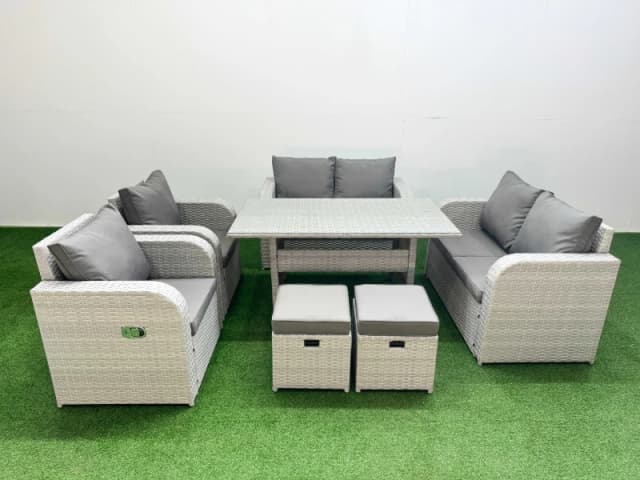 Fimous 8 Seater Outdoor Reclining Chair Love Sofa Set Rattan Garden Furniture Set with Rectangular Dining Table 2 Stools Light Grey Light Grey