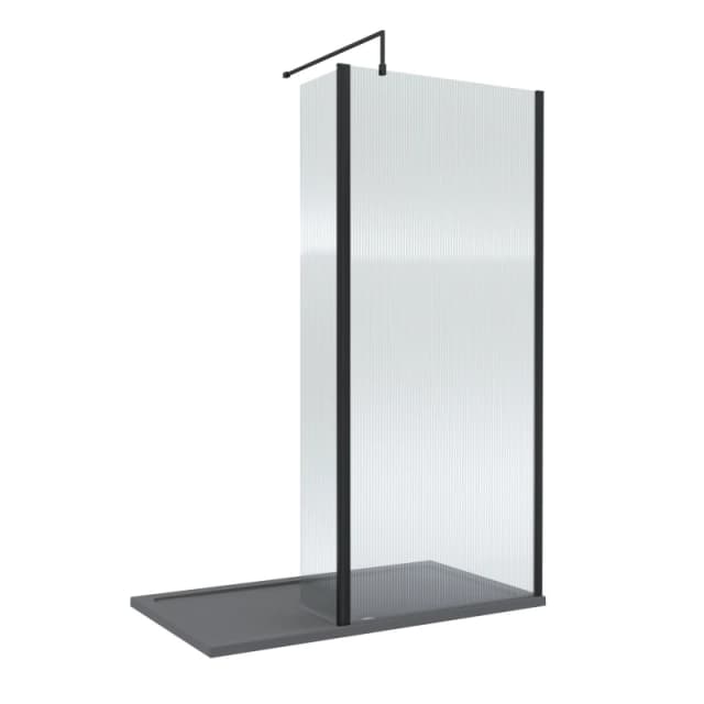 Balterley 8mm Fluted Glass Walk In Wetroom Screen And Hinged Return With Black Profile And Grey Shower Tray - 1400 X 800mm