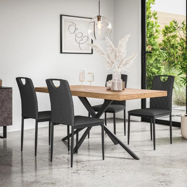More4Homes Donni Dining Table And Chairs - Oak Effect Table Top W Black Legs + Monza Linen Dining Chair Set Of 4 (Charcoal)