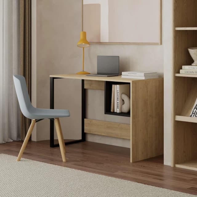 Decortie Model-4' 110cm Computer Desk with Metal Leg Office Gaming Work Table with Shelf in Natural Size: 1 Pack Natural Unisex 1 Pack