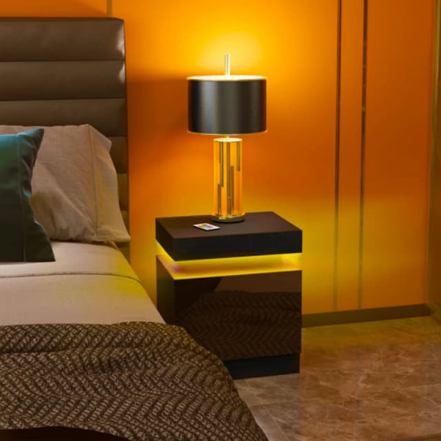 HOMCOM HOMCOM Bedside Table, High Gloss Front Bedside Cabinet w/ LED Light, 2 Drawers in Black One Size Unisex 5063603035003