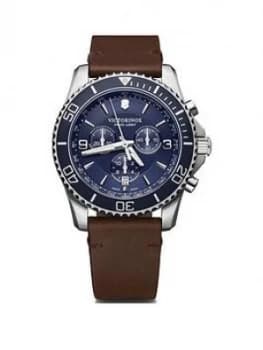 Victorinox Victorinox Swiss Made Maverick Blue And Silver Detail Sapphire Glass Chronograph 43Mm Dial Brown Leather Strap Watch