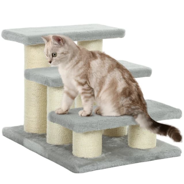 PawHut Cat Steps 3 Stairs Deluxe Pet Portable Easy Climb Assistance Lightweight, Grey D33-003V00GY