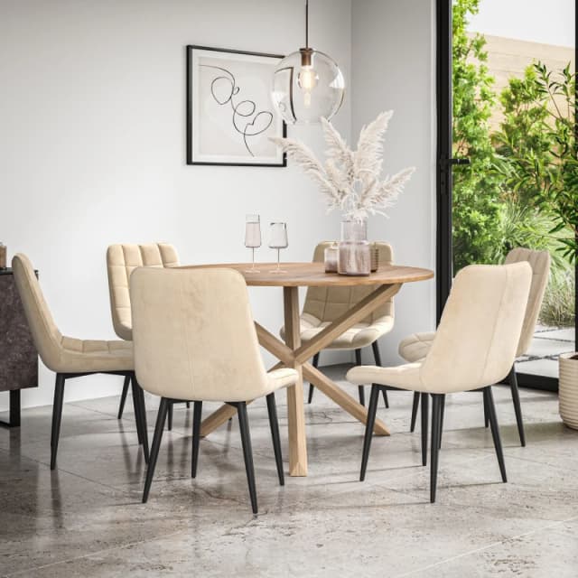 More4Homes Malvern Round Dining Table And Chairs - Oak Table Top W Solid Oak Legs + Nova Velvet Dining Chair Set Of 6 (Beige)