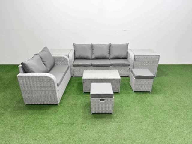 Fimous 7 Seater PE Rattan Wicker Garden Furniture Patio Conservatory Sofa Set with Rectangular Coffee Table 3 Seater Sofa Love Sofa 2 Stools 2 Side Ta
