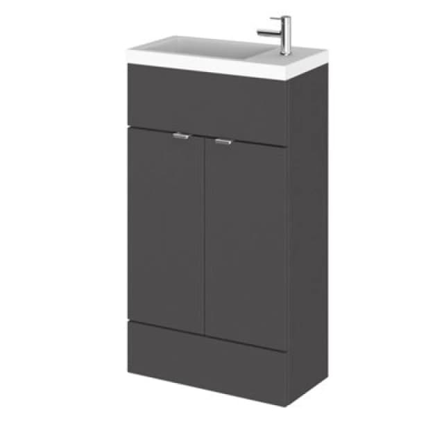 Hudson Reed Fusion Floor Standing 2 Door Vanity Unit & Polymarble Basin Compact, Vanity Unit With Basin, Gloss Grey, 500mm
