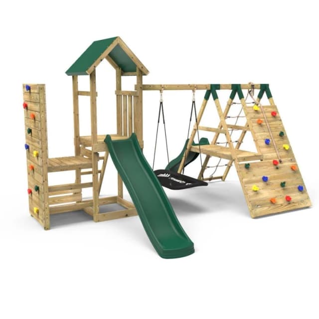 Rebo Wooden Climbing Frame with Swings, Climbing Walls and Slide - Crestone Green Green
