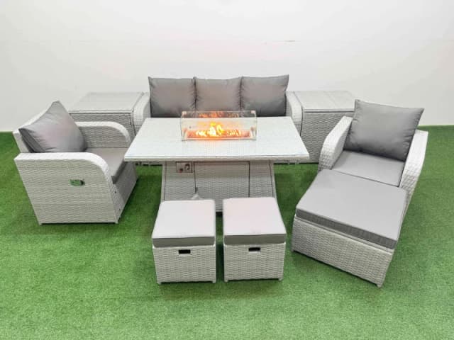 Fimous PE Rattan Garden Furniture Set Reclining Chair Sofa Lounge Sofa Set Firepit Dining Table 2 Side Table 3 Stools Light Grey Light Grey