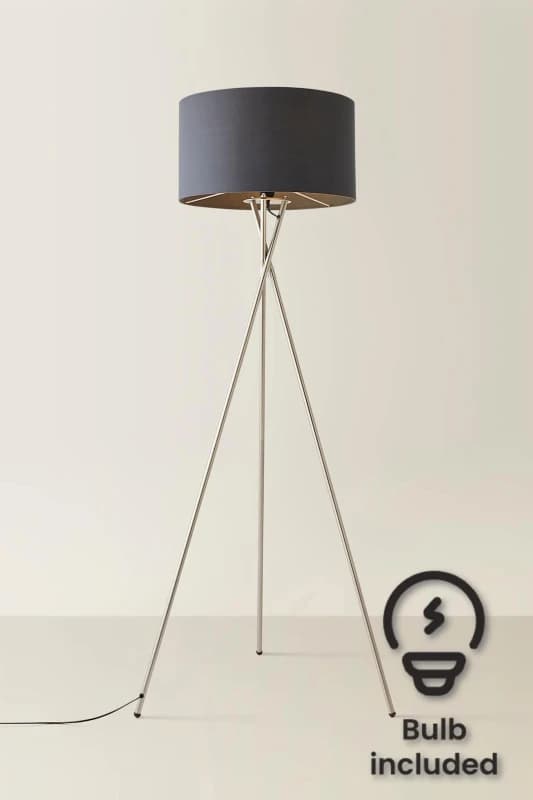 ValueLights ValueLights Camden Brushed Chrome Tripod Floor Lamp with Drum Lamp Shade and Bulb in Charcoal Charcoal One Size Unisex 5055759992934