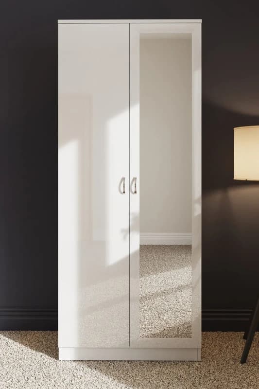 FWStyle FWStyle High Gloss 2 Door Mirrored Double Wardrobe in White White One Size Unisex 5056413121172