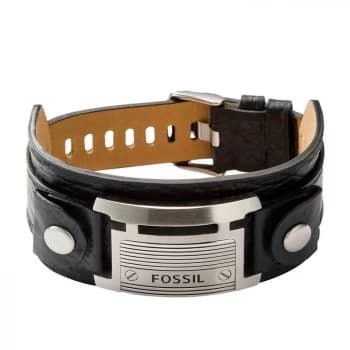 Fossil Mens Black Leather & Steel Cuff Bracelet