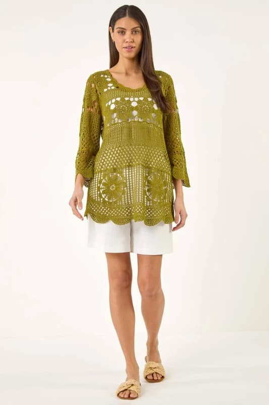 Roman Womens Floral Crochet Tunic Top in Khaki Size: 18 Khaki Female 18