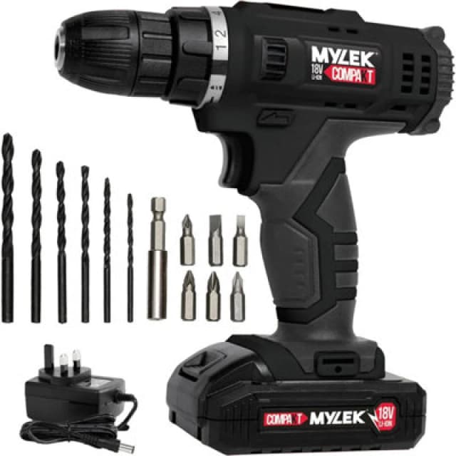 Mylek 18V Cordless Li-Ion Drill And 13 Piece Accessory Set