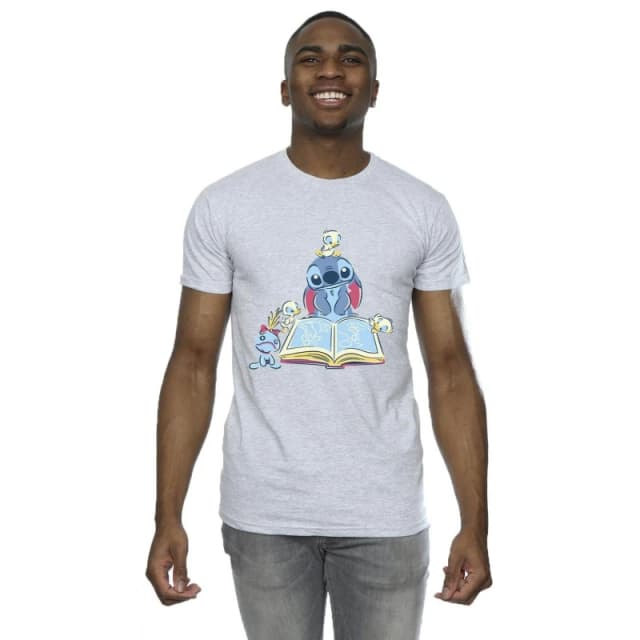 Disney Men Lilo & Stitch Reading A Book T-Shirt in Grey Size: Small Grey S Male 5063153495364