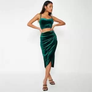 I Saw It First Velvet Ruched Midi Skirt - Green