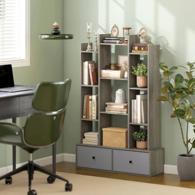 HOMCOM 12-Tier Bookshelf, Bookcase w/ 2 Folding Drawer, Graphite Wood Effect in Grey Size: 120cm x 80cm Grey Unisex 120cm x 80 cm