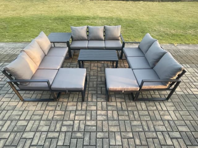 Fimous Aluminium Outdoor Garden Furniture Set Lounge Sofa Oblong Coffee Table 2 PC Big Footstool Side Table Sets with Cushions Dark Grey Dark Grey Uni