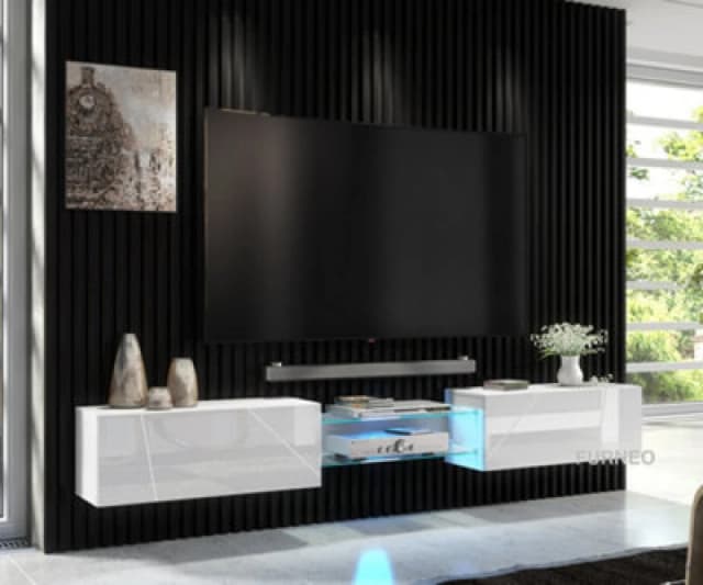 Furneo White Floating TV Cabinet 230Cm Wall Unit Modern High Gloss &matt Art 02 Blue LED Lights