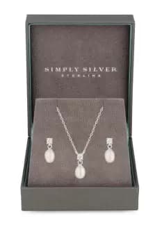 Sterling Silver 925 Freshwater Pearl And Cubic Zirconia Set - Gift Boxed