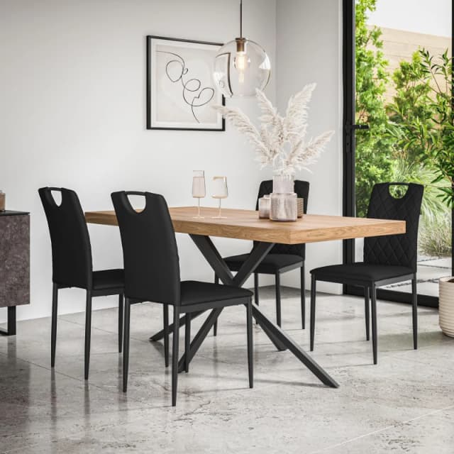 More4Homes Donni Dining Table And Chairs - Oak Effect Table Top W Black Legs + Monza Faux Leather Dining Chair Set Of 4 (Black)
