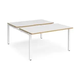 Bench Desk 2 Person Starter Rectangular Desks 1400mm With Sliding Tops White/Oak Tops With White Frames 1600mm Depth Adapt
