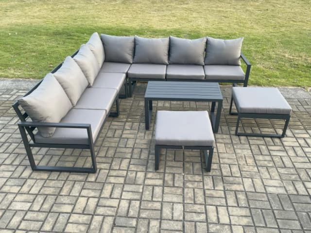 Fimous Aluminium Outdoor Garden Furniture Set Lounge Corner Sofa Oblong Coffee Table Sets with 2 Big Footstools Dark Grey Dark Grey Unisex