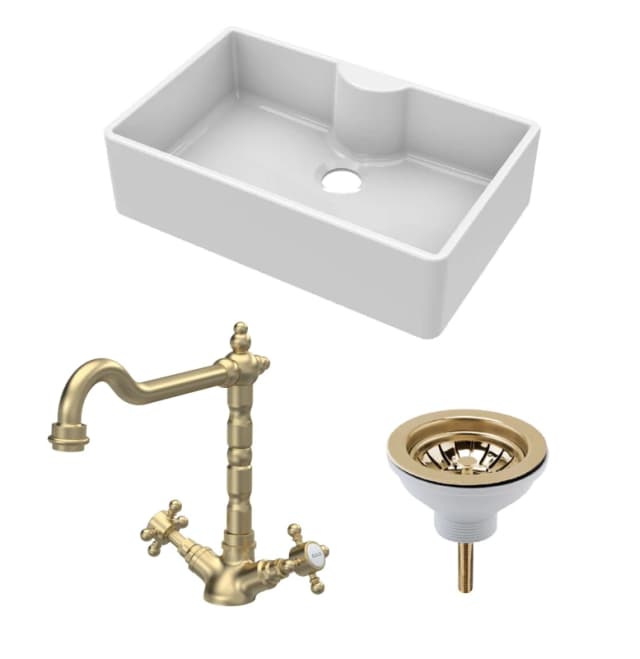Balterley Fireclay 1 Bowl Butler Sink Tap Ledge Waste Tap Brushed Brass 795mm White unisex