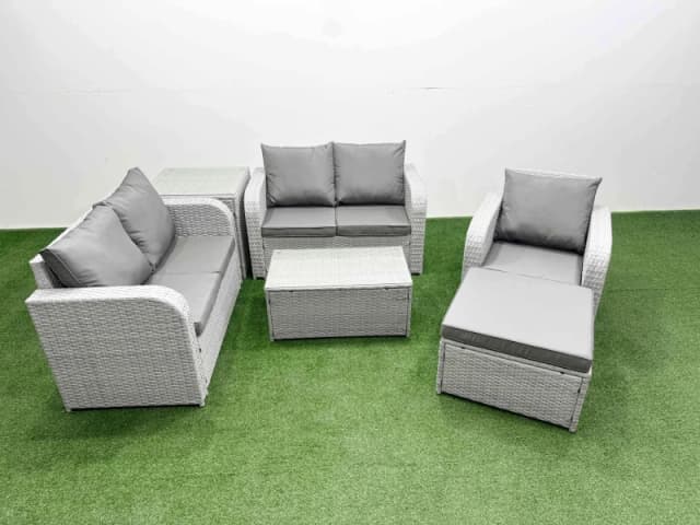 Fimous High Back Poly Rattan Garden Furniture Set with Reclining Chair Loveseat Sofa Rectangular Coffee Table Indoor Outdoor Patio Set Big Stool Side