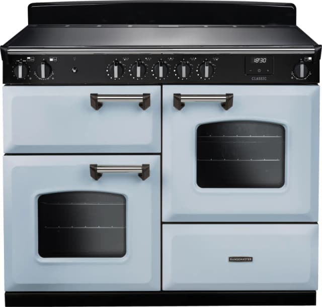Rangemaster Classic 110 Induction CLO110EIPMSB/CM1 110cm wide Electric Range Cooker with Zone induction hob Hob - Misty Blue / Chrome - A Rated