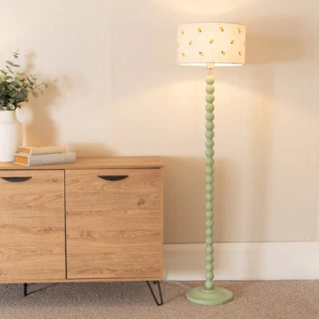 ValueLights Bobbins Sage Green Floor Lamp with Lemon Embroidered Drum Lamp Shade Pale Green