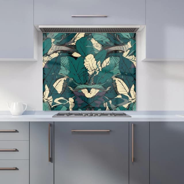 Warren Reed - Designer Green Beige Tropical Leaves Kitchen Splashback Size: 600mm x 750mm Green Unisex 600mm x 750mm