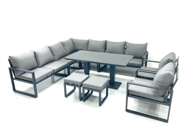 Fimous 11 Seater Outdoor Aluminum Garden Furniture Set Corner Sofa 2 Chair 2 Small Footstool Adjustable Rising Lifting Dining Table Sets Dark Grey Dar