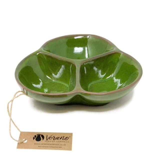 Verano Spanish Ceramics Selena Glazed Hand Dipped Kitchen Dining Snack Trio Dish Medium Dark Green (D) 18Cm