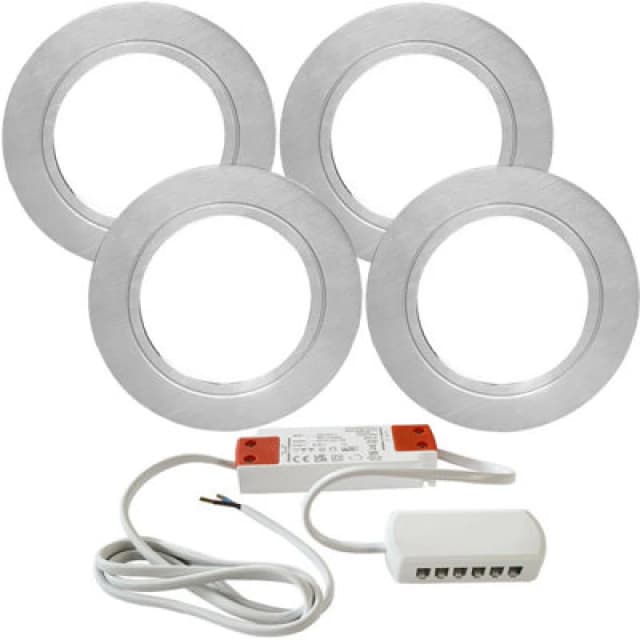 Loops 4x BRUSHED NICKEL Round Flush Under Cabinet Kitchen Light & Driver Kit - Natural White LED Metallics