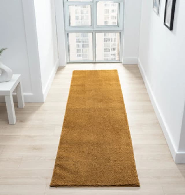 Comfy Washable Low Pile Living Room Area Rug - Anti Slip Felt Backing Gold 60Cm X 200Cm