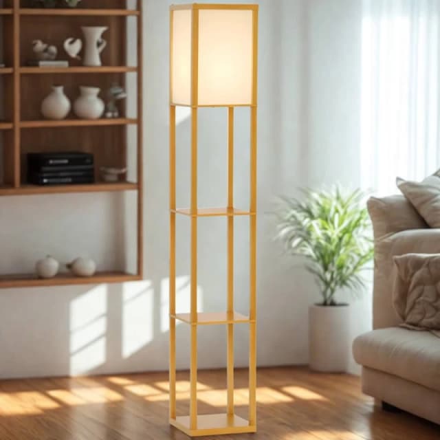 FURNOS Modern Dimmable Floor Lamp For Living Room With 3 Shelves Beech Wood in Brown Brown Unisex