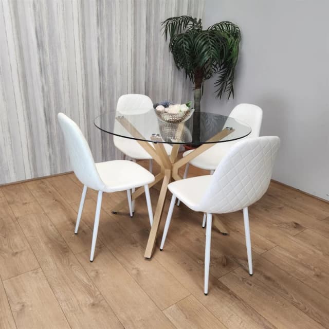KOSY KOALA KOSY KOALA Clear Glass Round Dining Table with 4 Leather Padded White Gem Chairs Clear One Size Unisex 5060711580395